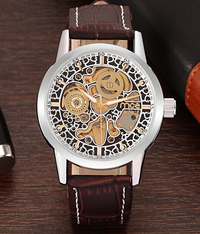 Brown Leather Strap Skeleton Men Watch-Promotion watches