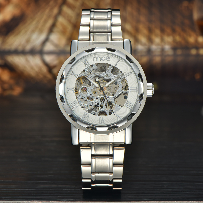 Stainless Steel Silver Men Skeleton Watch-Promotion watches