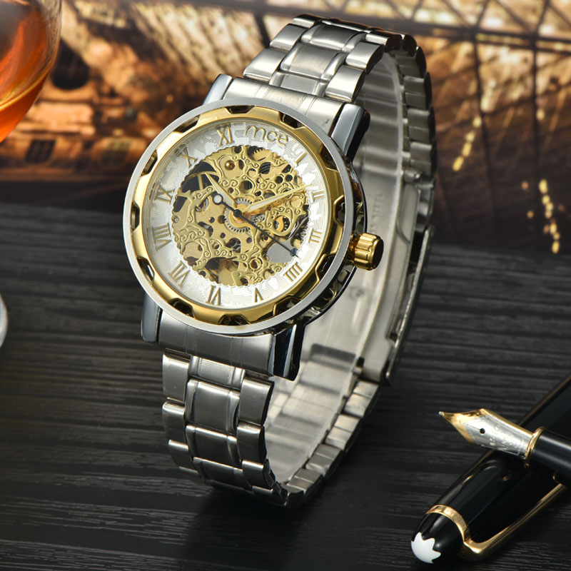 Stainless Steel Silver Gold Men Skeleton Watch-Promotion watches