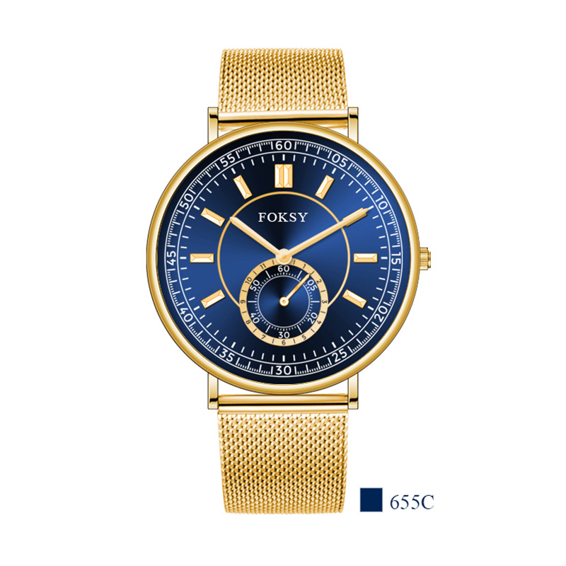 Blue Dial Gold Plated Mesh Steel Band Miyota Quartz Movt Men Watch-Small seconds watches