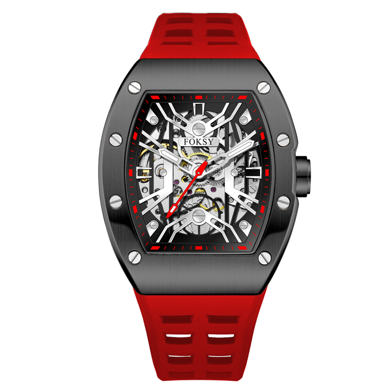 Male Alloy Case Silicone Strap Fashion Square Automatic Wristwatch Luxury Mechanical Skeleton Watch F