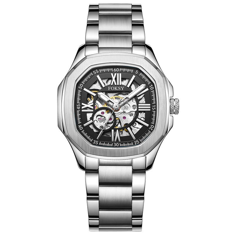 Hot selling stainless steel square women skeleton automatic watch for custom logo