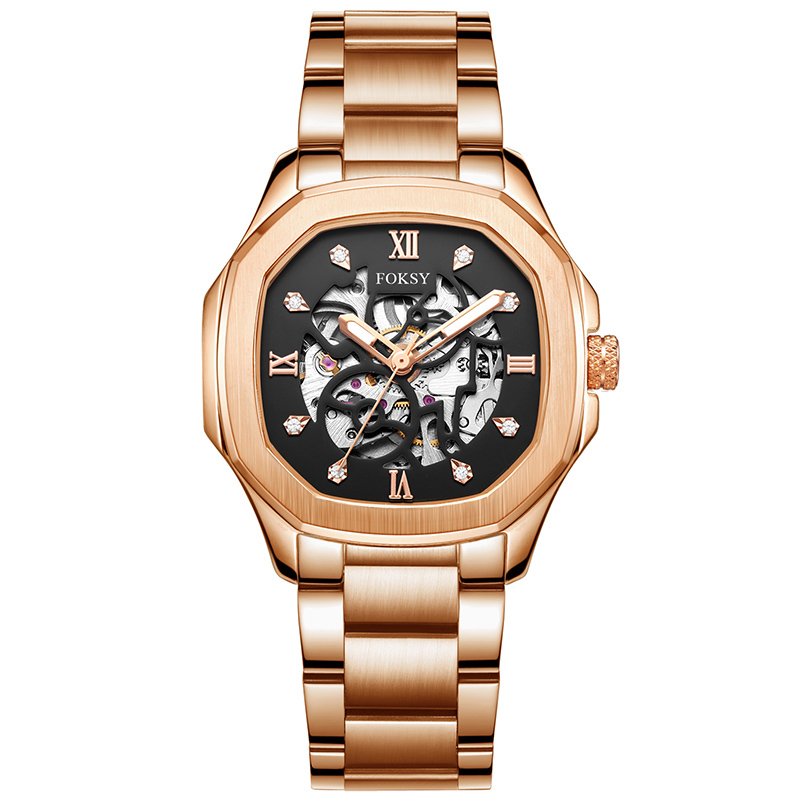 Small MOQ Rose Gold Stainless Steel Skeleton Automatic Women Watches with Leather Strap